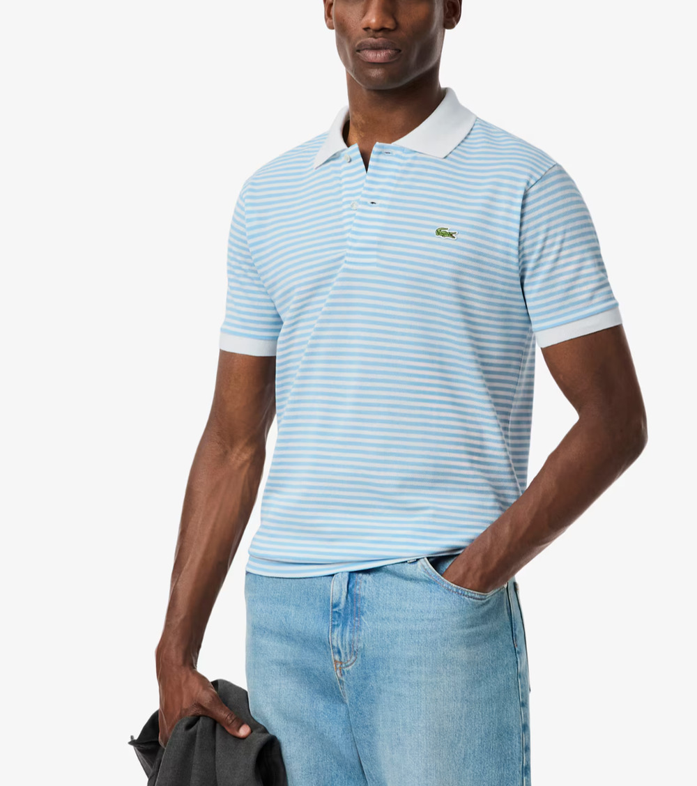 Lacoste Polo Shirt XL EU 7 Blue White Striped Reg Fit Short Sleeve Knit A010510